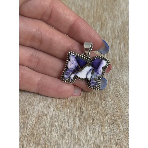Southwest Jewelry - Native American SW Sterling Silver & Purple Dahlia Turquoise Sheep Cow Pendant